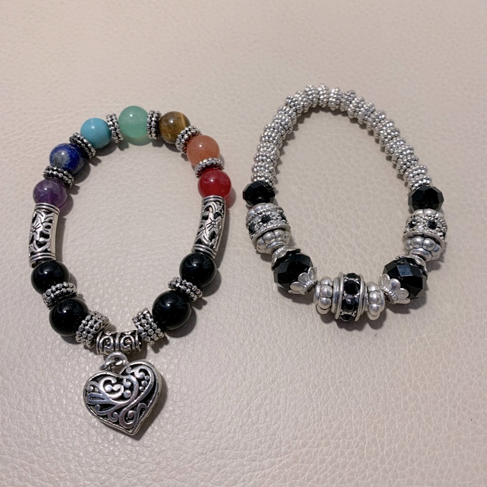 Set Of Two Black & Silver Beaded Bracelets